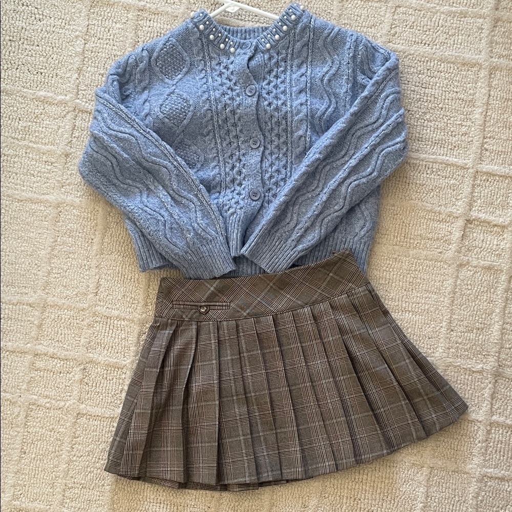 Zara Blue Cable Knit Sweater with Brown Plaid Skirt